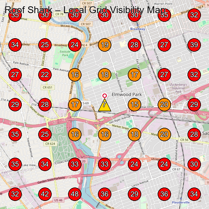 Roof Shark GeoGrid visibility map for Roofing Contractor in Elmwood Park